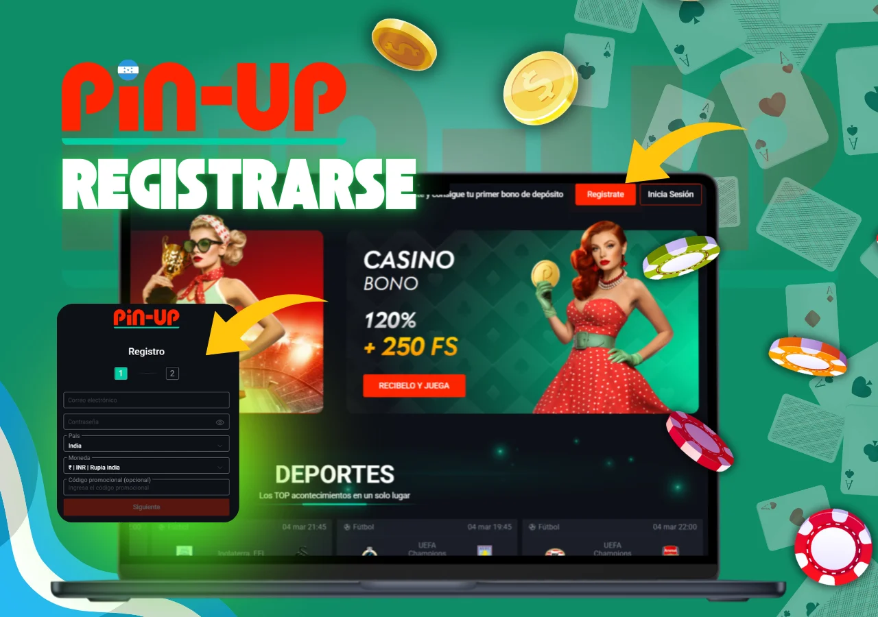 Inscribete en Pin Up: entra en el sitio web, elige como inscribirte y rellena tus datos.